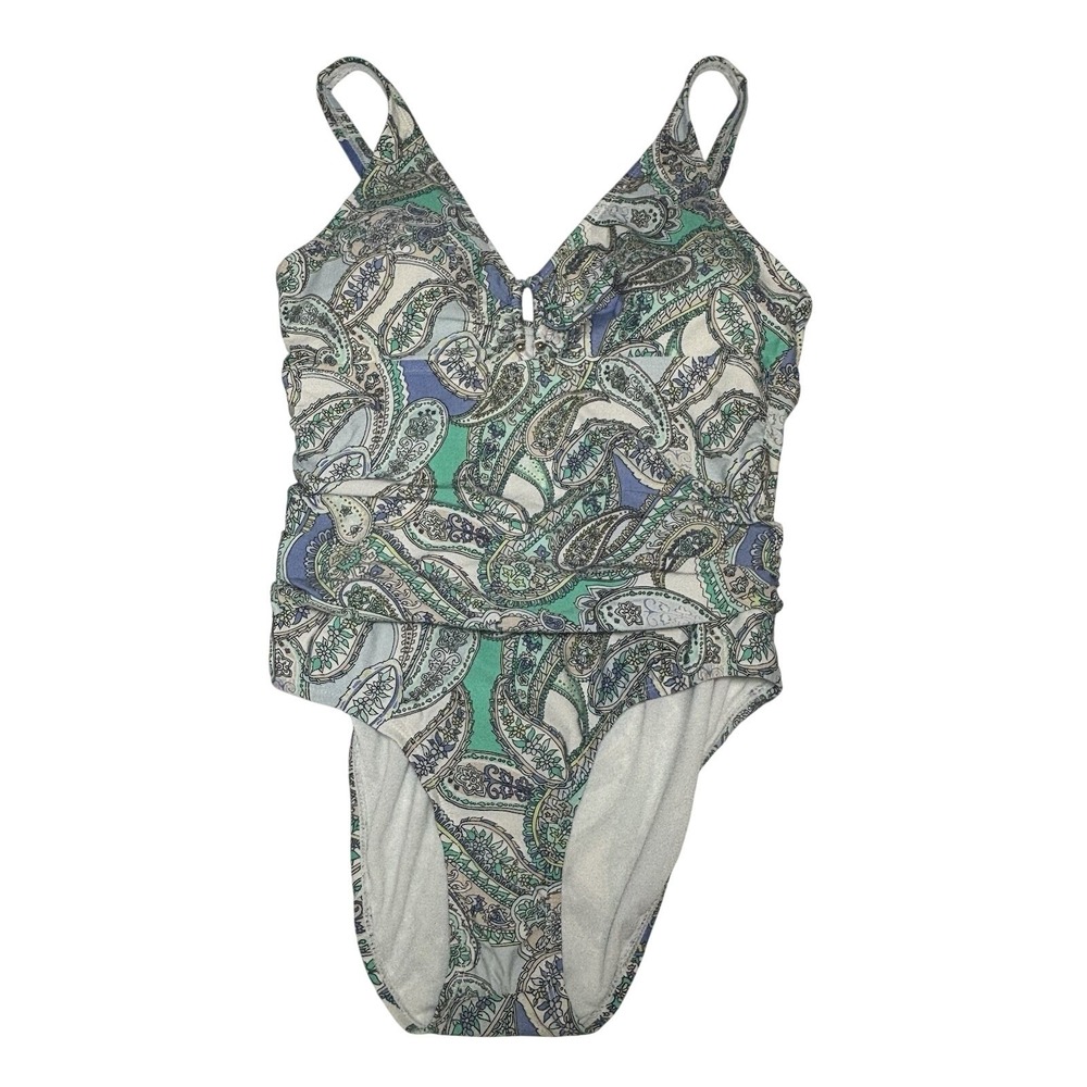 Alex Marie Women Swimsuit One Piece White Blue Green Paisley Plunge V Neck Sz 12